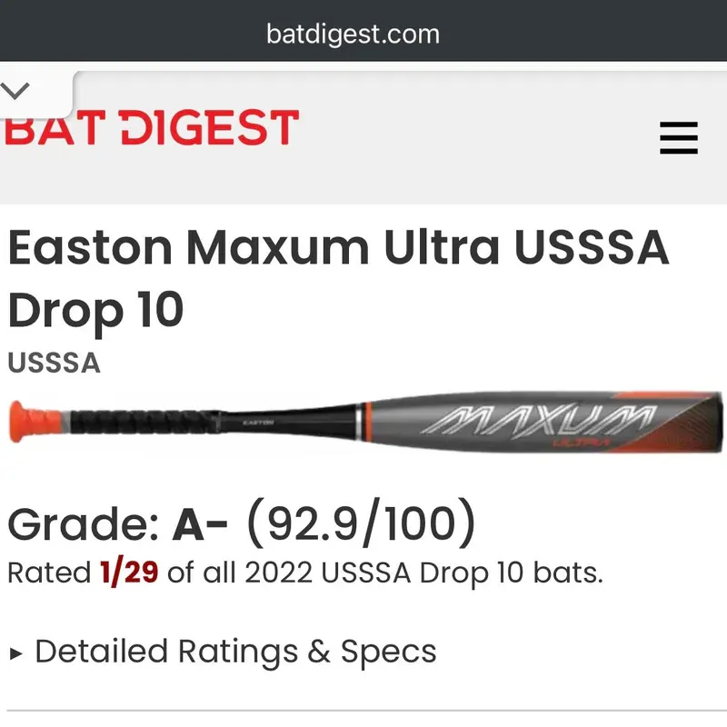 Easton Maxum Ultra USSSA Certified 30 (-10) Composite