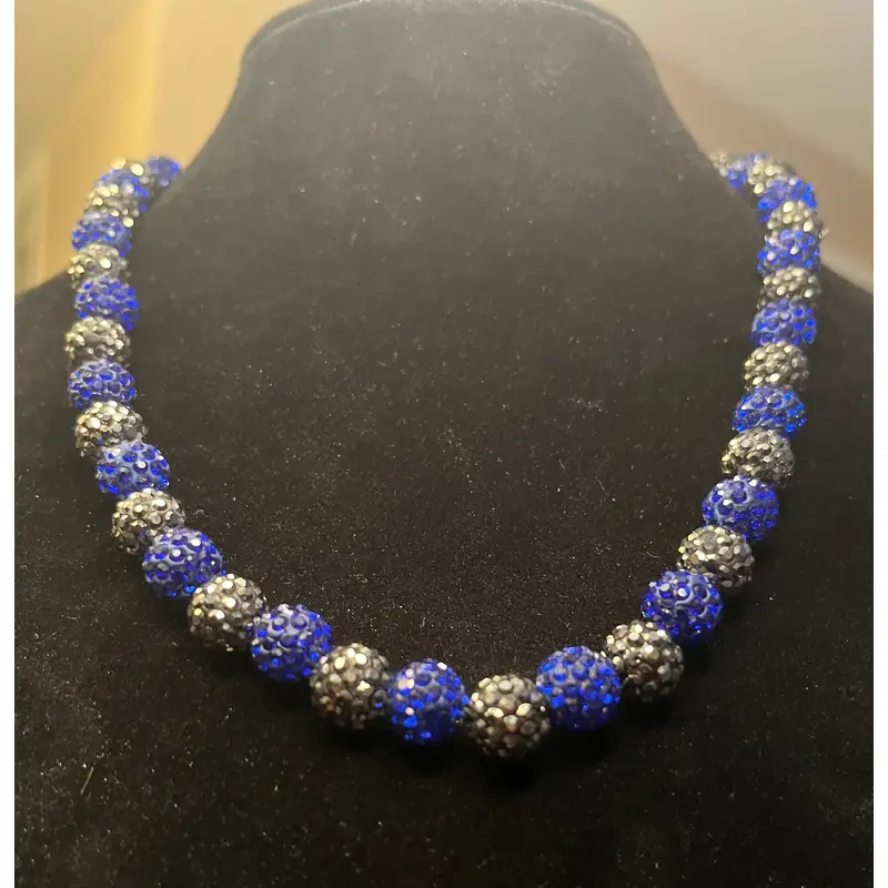 Pro Athlete type rhinestone necklace- blue and hematite