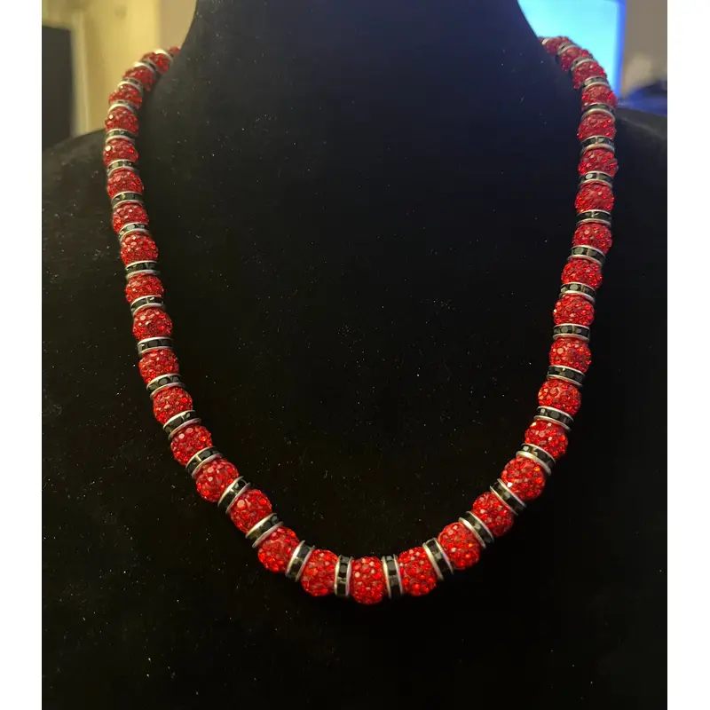MLB type rhinestone necklace- red rhinestone beads with black spacers