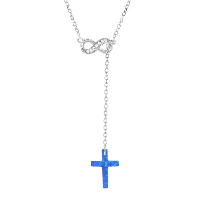 Sterling Silver Half CZ Infinity with Hanging Blue Inlay Opal Cross Necklace