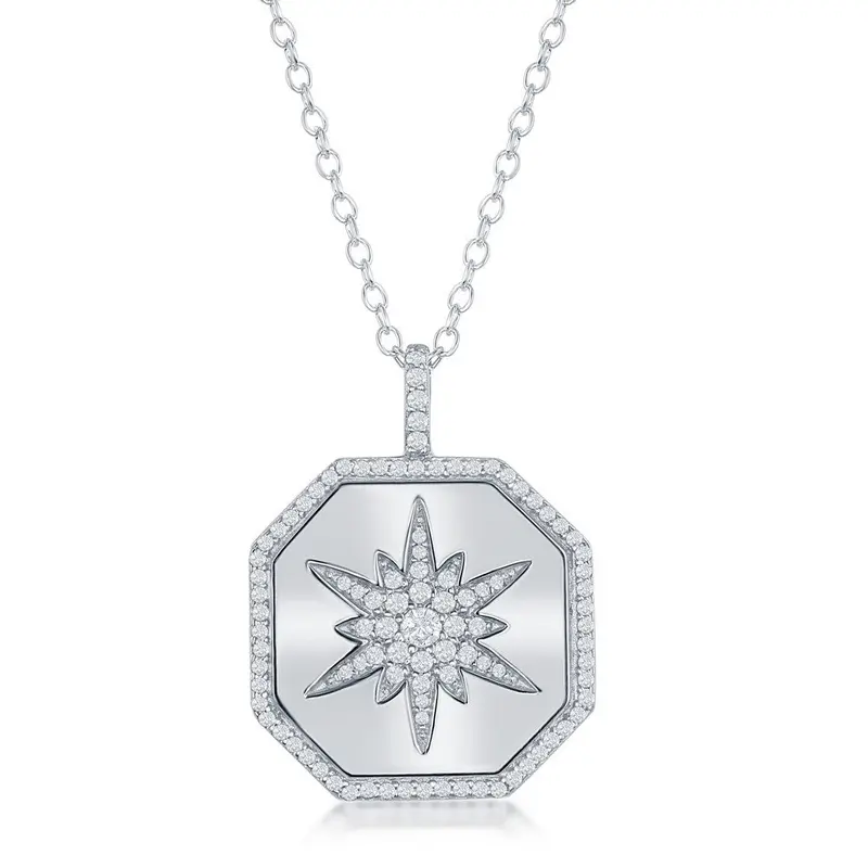 Sterling Silver Hexagon with Center North Star CZ Necklace