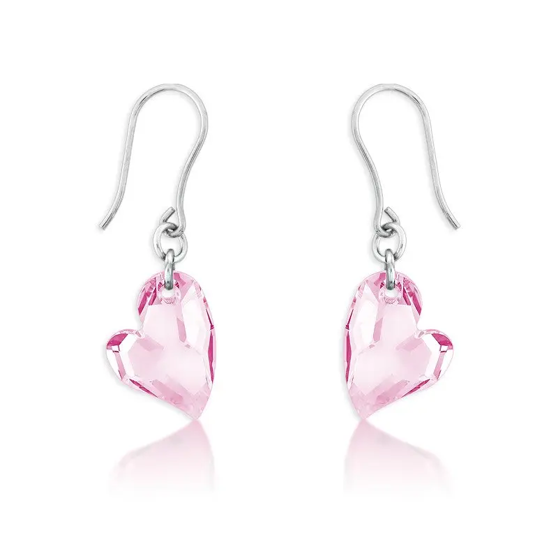 Sterling Silver Uneven Pink Swarovski Crystal Heart Earrings