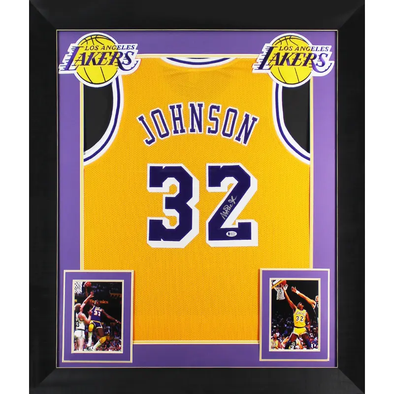 Magic Johnson Authentic Signed & Framed Yellow Pro Style Jersey BAS Witnessed