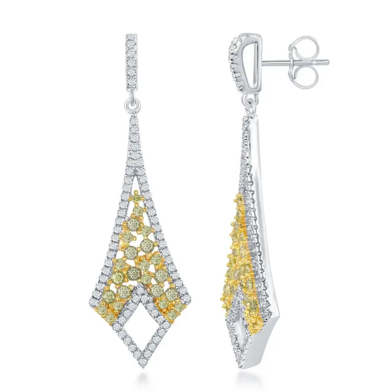 Sterling Silver Long Yellow CZ GP Center w/ White CZ Border Earrings
