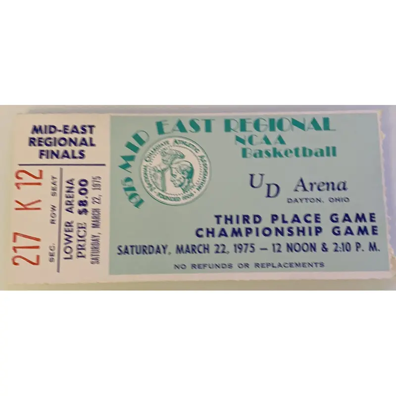 1975 NCAA Mid East Regional Championship Game Ticket, Indiana vs Kentucky
