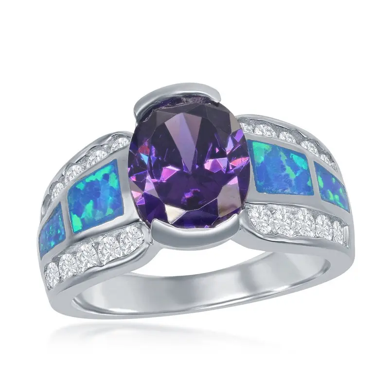 Sterling Silver Cubic Zirconia, Blue Opal with Large Center Amy CZ Ring