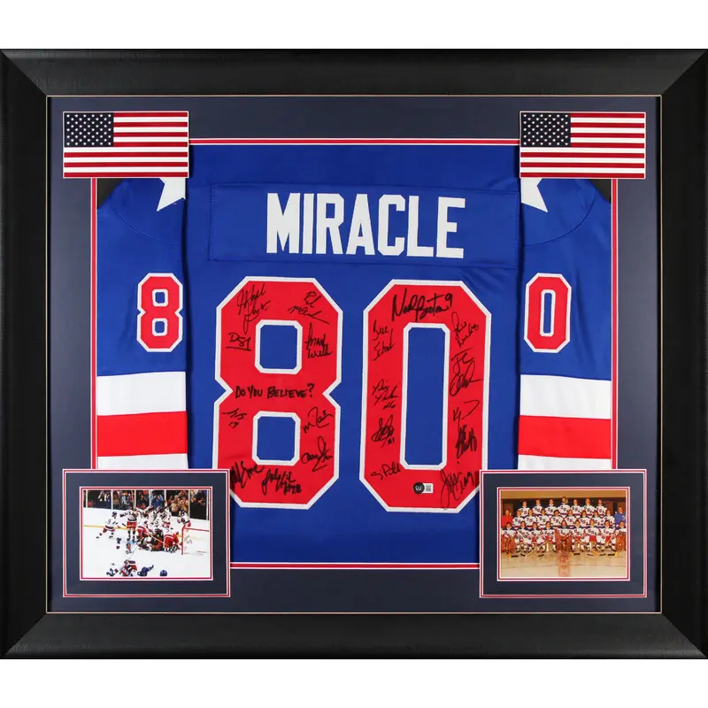 1980 USA Hockey 19 Autos Craig, Eruzione, Broten Signed Blue Framed Jersey BAS