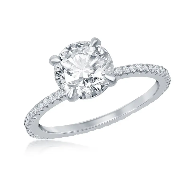 Sterling Silver, 8mm Round Solitaire CZ Micro Pave Band Engagment Ring