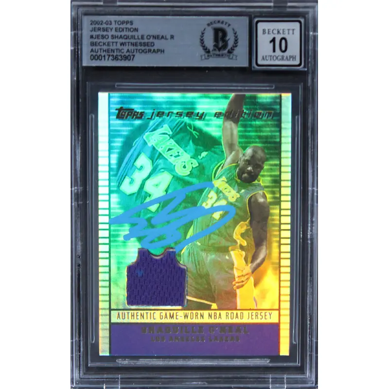 Lakers Shaquille O'Neal Signed 2002 Topps Jrsy Edi #JESO Card Auto 10! BAS Slab