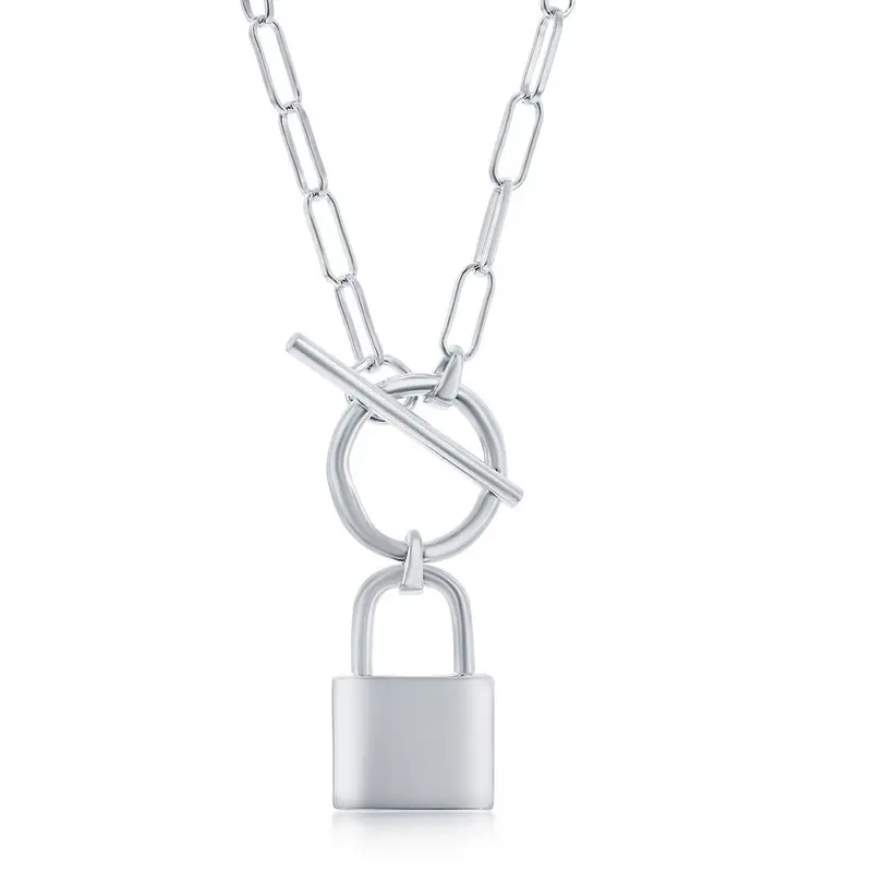 Sterling Silver, Lock Charm Paperclip Necklace