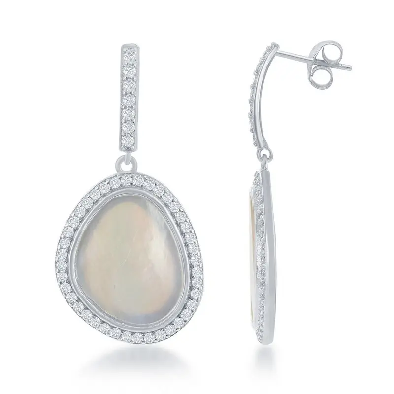 Sterling Silver Dangling Nugget Shaped MOP with CZ Border Earrings