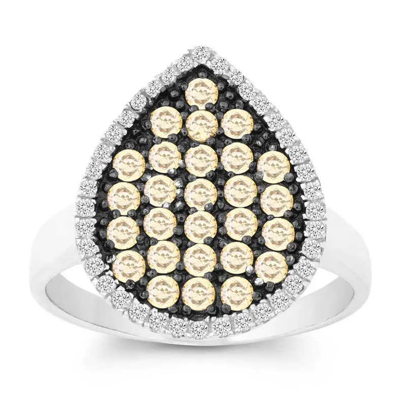Sterling Silver Clear and Champagne CZ Black Rhodium Tearshaped Ring
