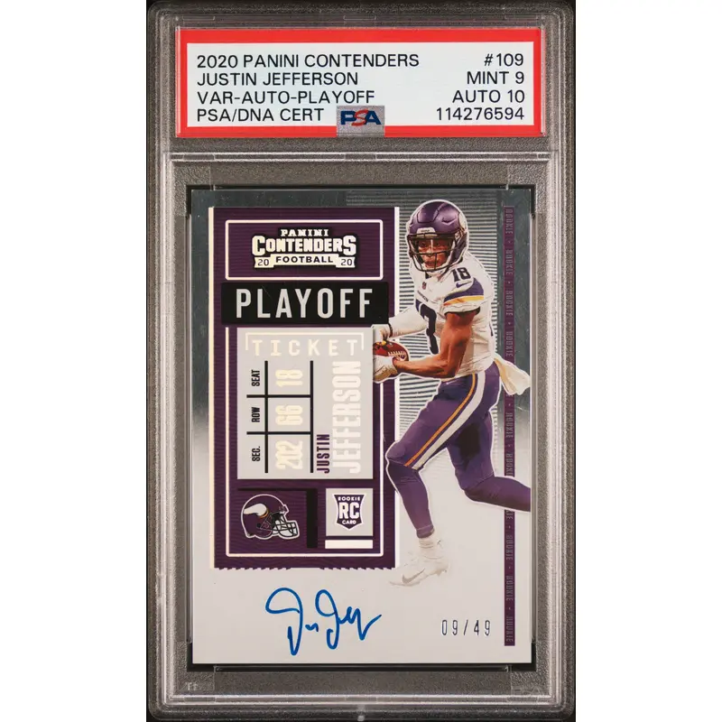Justin Jefferson 2020 Panini Contenders Playoff Auto #9/49 PSA 9 Auto 10