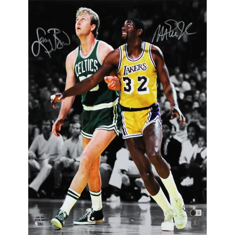 Magic Johnson & Larry Bird Signed 16x20 Vertical Boxout Spotlight Photo BAS Wit