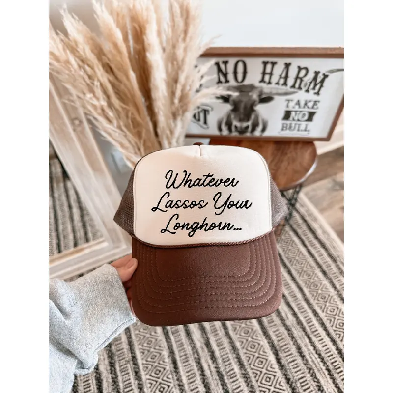 Whatever Lassos Your Longhorn DTF Printed Brown & Tan Trucker Hat