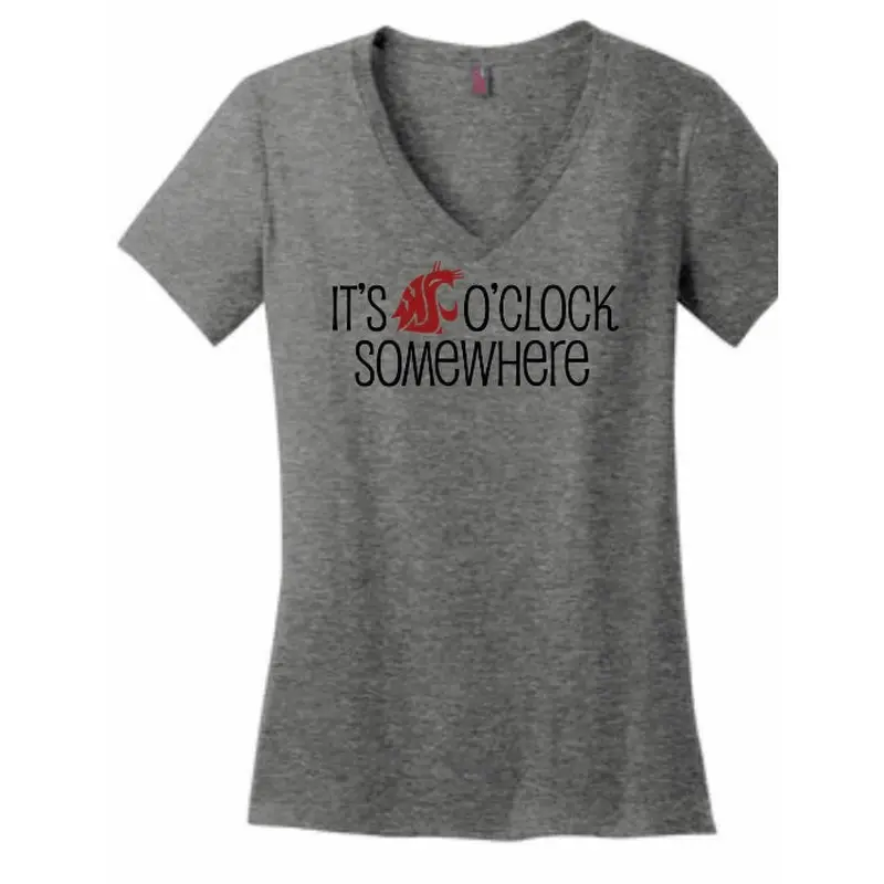 Womens V-Neck It's Coug O'Clock Somewhere Grey Tee