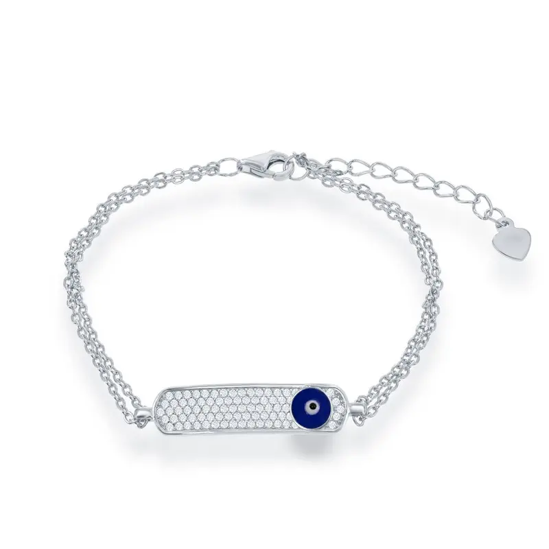 Sterling Silver Double Strand Micro Pave with Navy Evil Eye ID Bracelet