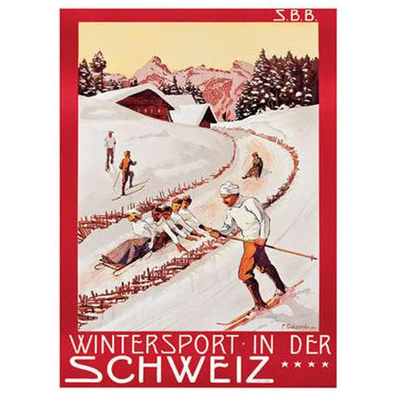 Vintage Skiing "Wintersport in der Schweiz" (P. Colombi, 1904) Poster Reprint - A.A.C. Inc.