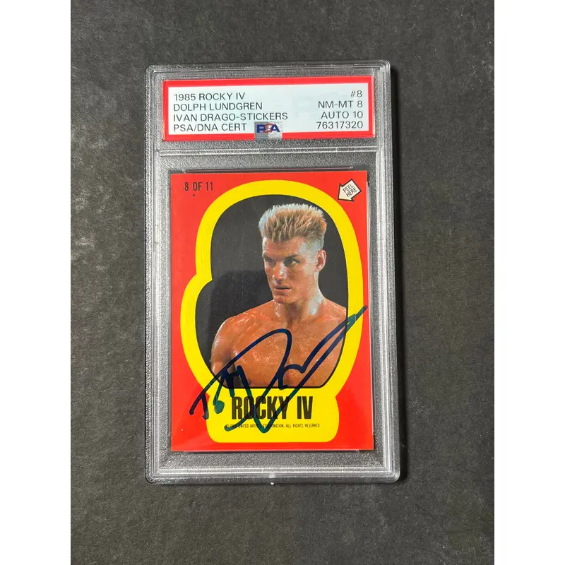 1985 Rocky IV #8 Signed Dolph Lundgren Sticker PSA NM-MT8 Auto 10 Ivan Drago