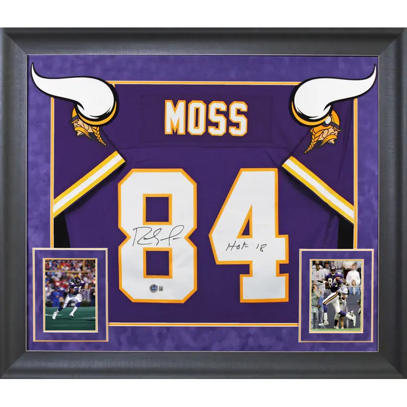 Vikings Randy Moss "HOF 18" Signed Purple Mitchell & Ness Framed Jersey BAS W 1