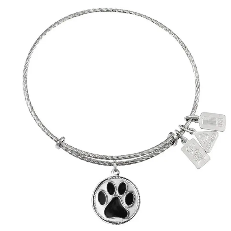 Paw Print, Black Enamel Sterling Silver Charm Bangle