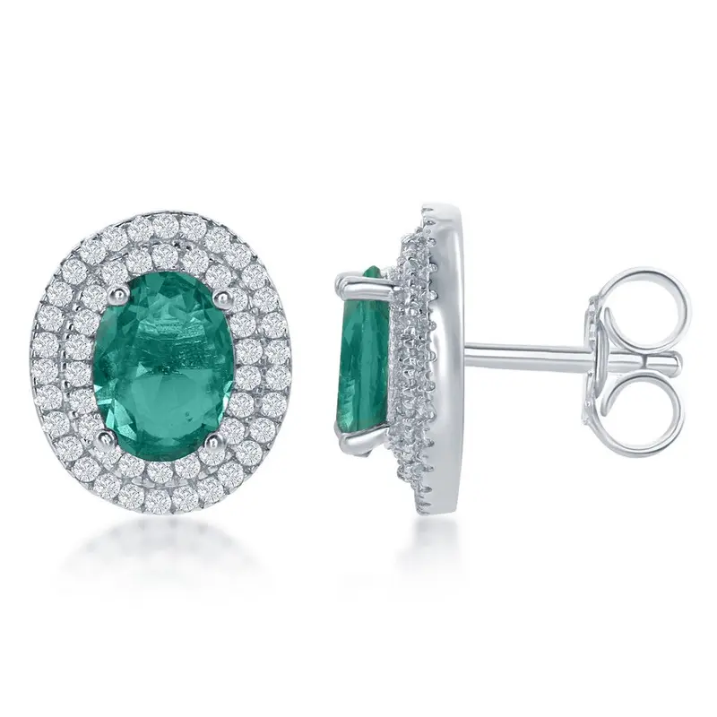 Sterling Silver Oval Simulated Emerald with CZ Border Earrings