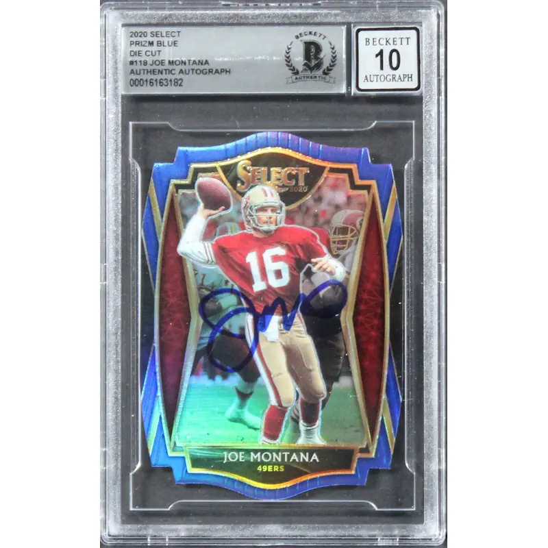 49ers Joe Montana Signed 2020 Select Prizm Blue #118 Card Auto 10! BAS Slabbed
