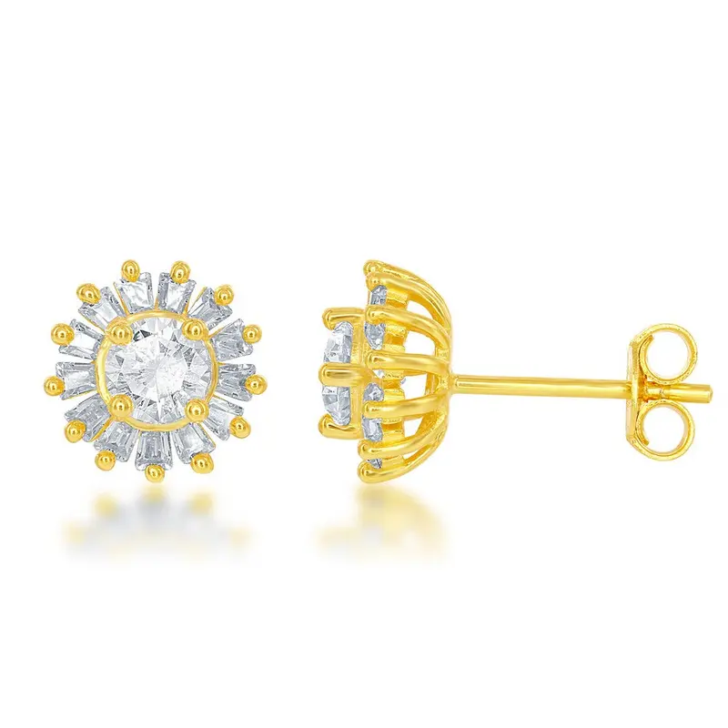 Sterling Silver Small Round CZ with Baguette Border Stud Earrings - Gold Plated