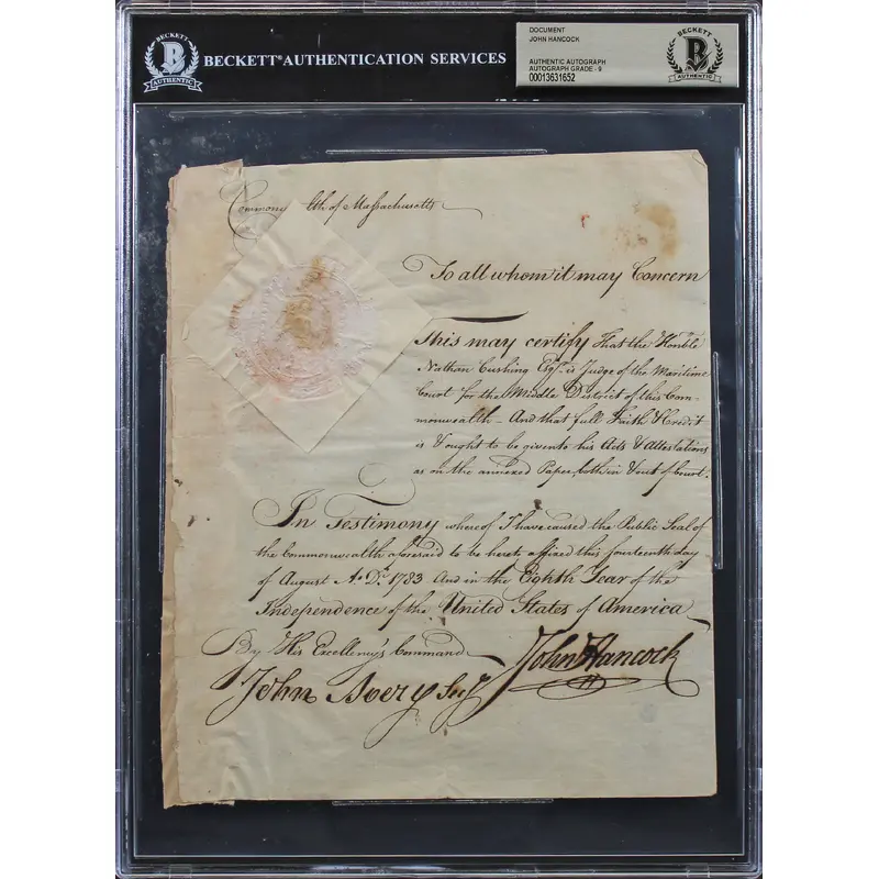 John Hancock Signed 7.5x9 1783 Maritime Judicial Appointment Auto 9 BAS Slabbed
