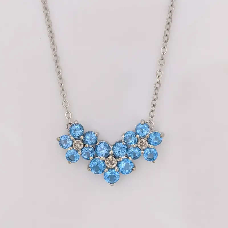 10K WHITE BLUE TOPAZ ROUND (15) 3.5MM FLORAL WITH MELEE ESTATE NECKLACE 4.3 GRAMS