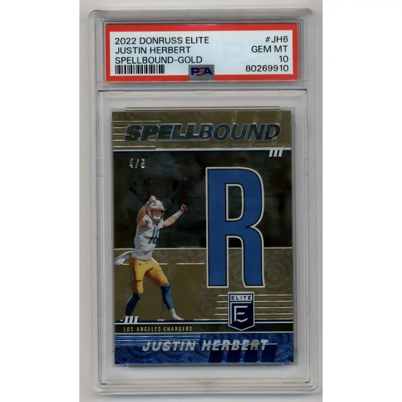 Justin Herbert 2022 Donruss Elite Spellbound Gold 4/5 PSA 10 Gem Mint