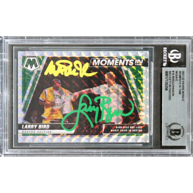Magic Johnson Larry Bird Signed 2021 Panini Mosaic MIT Mosaic #19 Card BAS Slab