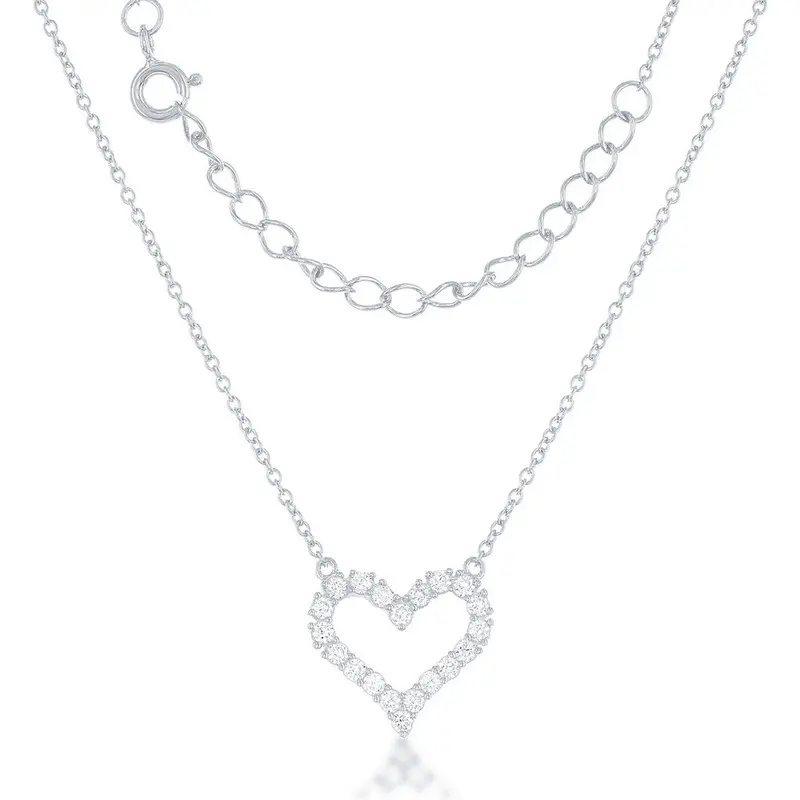 Sterling Silver, Small Open CZ Heart Necklace