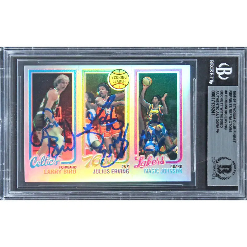 Bird, Erving & Magic Signed 1996 Stadium Club Refractors Card Autos 10 BAS Slab