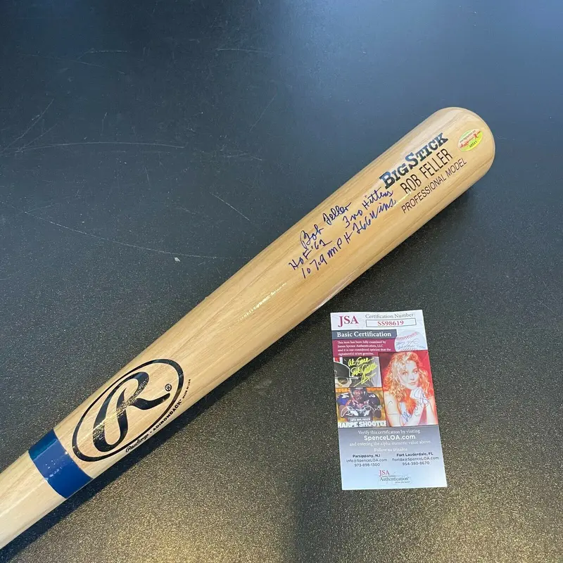 Bob Feller Signed Heavily Inscribed STATS Baseball Bat With JSA COA