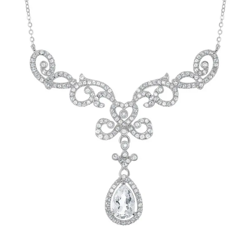 Sterling Silver 2.9cttw White Topaz Elaborate Designed Teardrop Bridal Necklace
