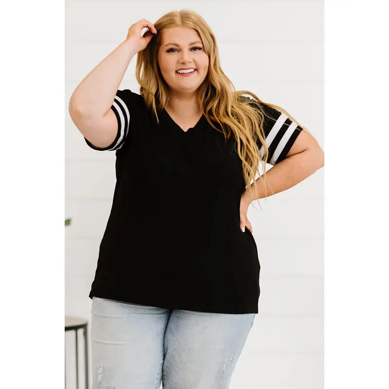 Black Plus Size Stripes Stitching Sleeve V Neck T-shirt
