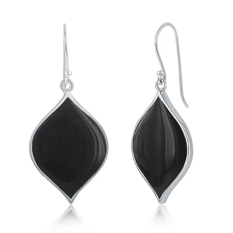 Sterling Silver Black Agate Marquise Shaped Earrings