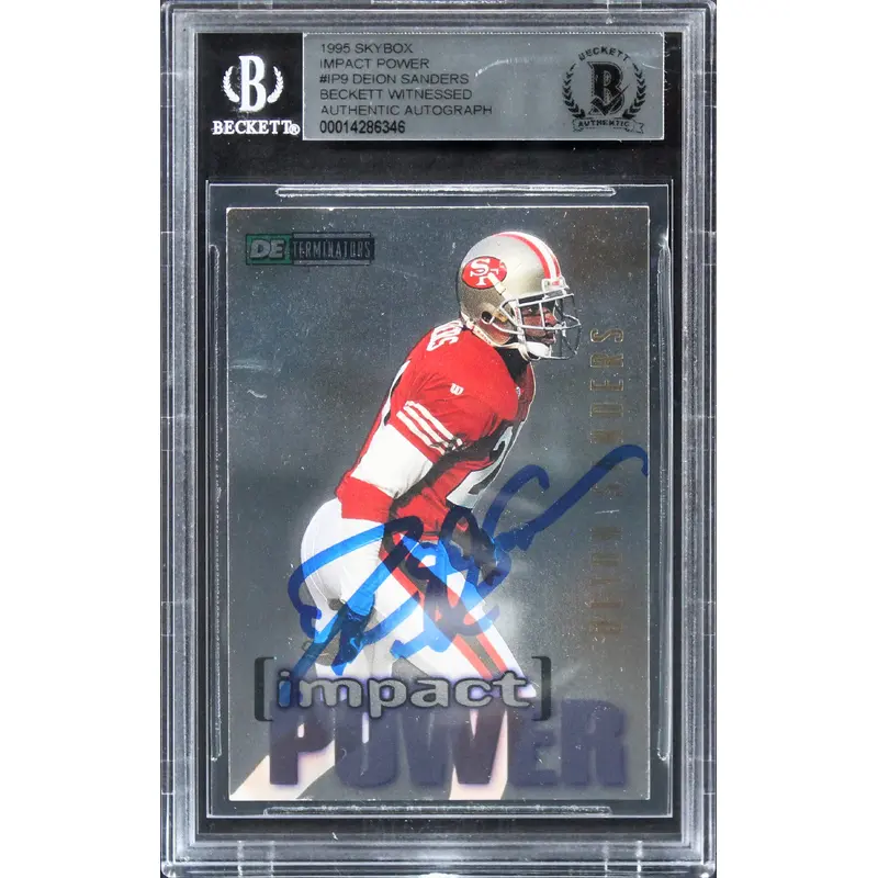 49ers Deion Sanders Authentic Signed 1995 Skybox Impact Power #IP9 Card BAS Slab