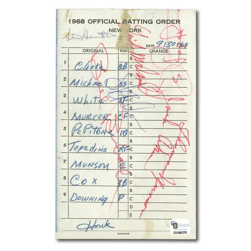 Rare Thurman Munson Rookie Signed 1969 Original Yankees Lineup Card Beckett COA