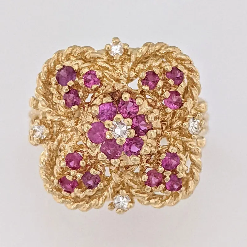 14K RUBY ROUND (18) 2MM WITH (5) MELEE ESTATE CLUSTER RING 7.3 GRAMS