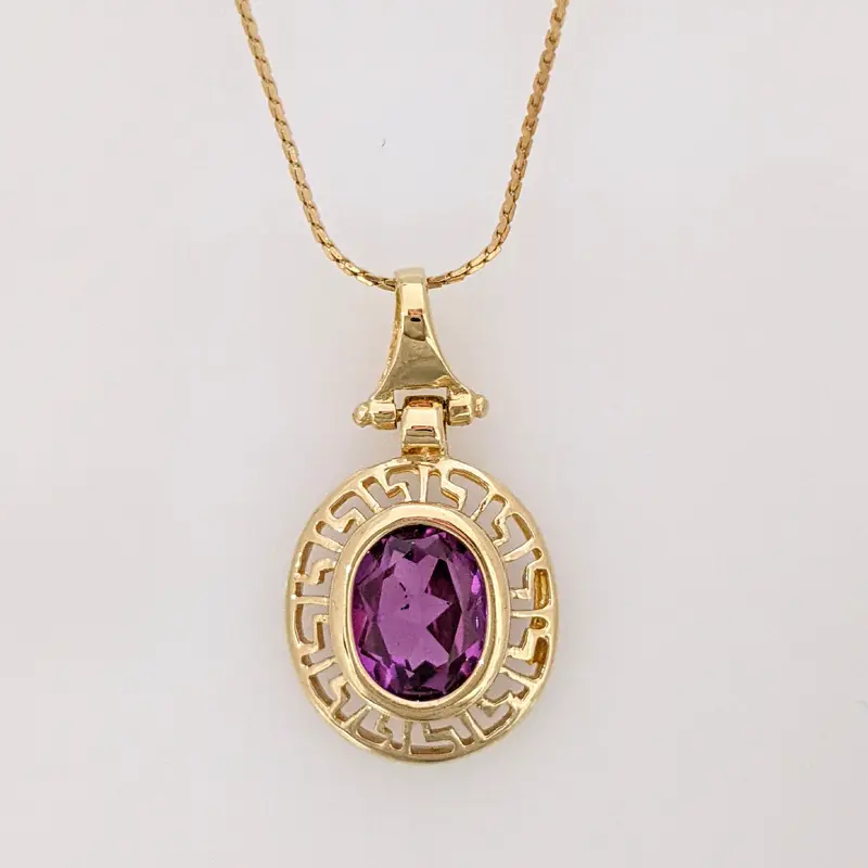 14K LAB-CREATED PURPLE SAPPHIRE OVAL 7X9 ESTATE PENDANT & CHAIN 4.0 GRAMS