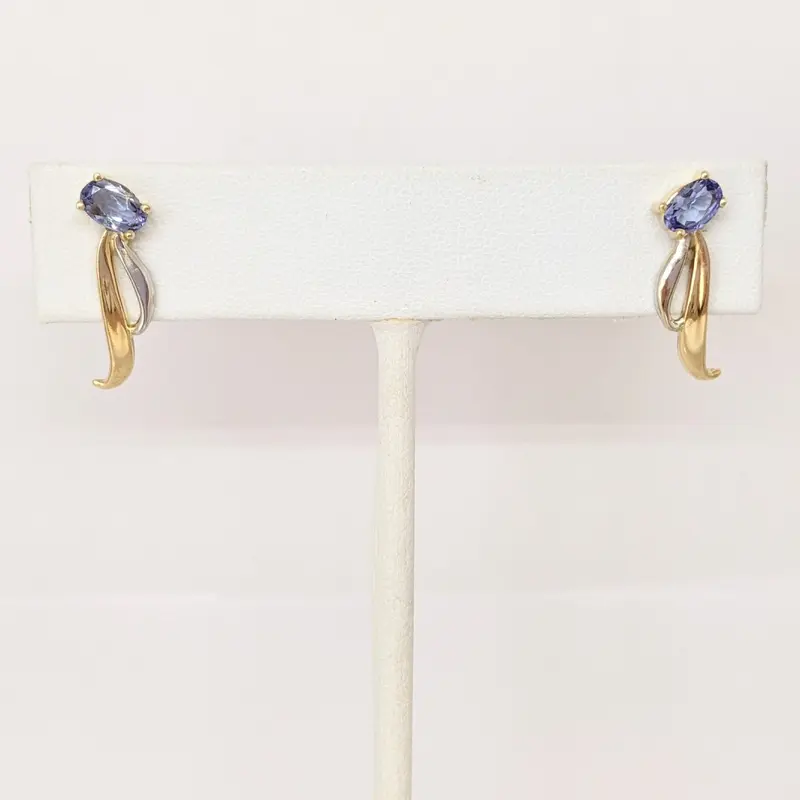 14K TWO-TONE TANZANITE OVAL (2) 4X6 WITH GOLD LINES ESTATE EARRINGS  2.0 GRAMS