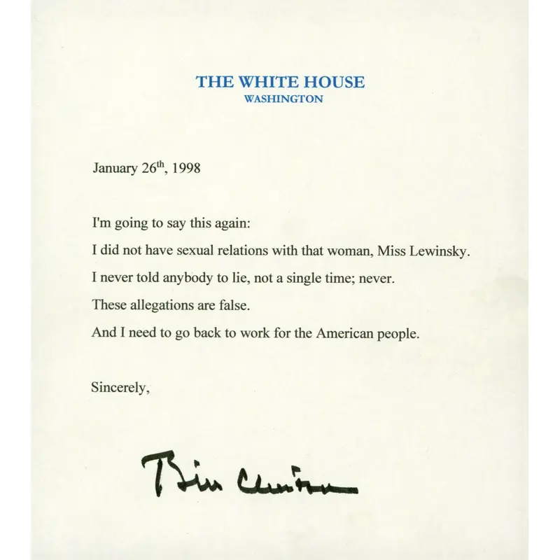 Bill Clinton Signed 5.5x6.5 Lewinsky Letter Cut Signature Auto 10! BAS #AA03544
