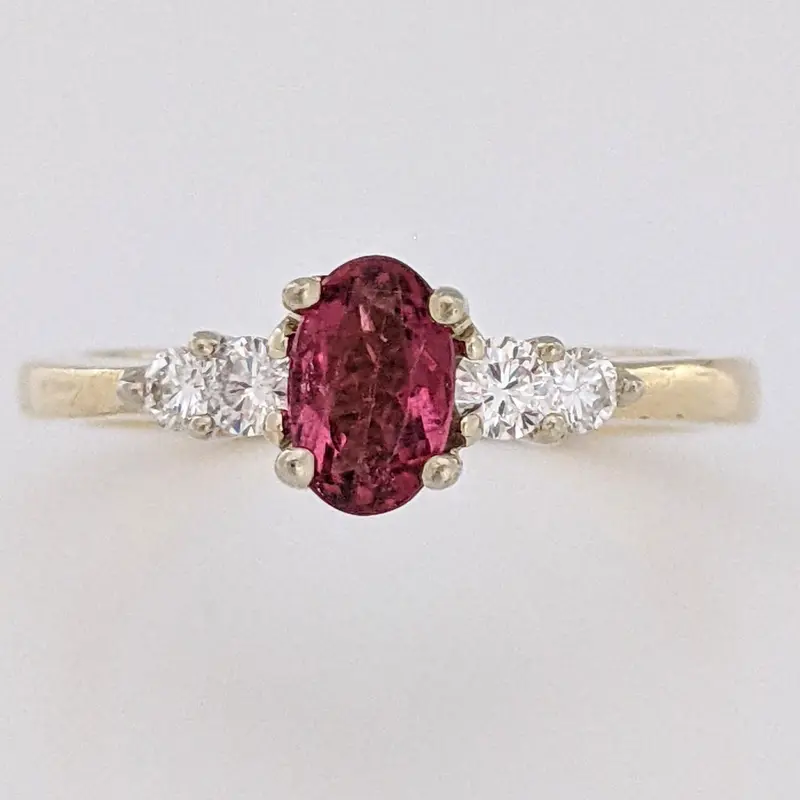 14K PINK TOURMALINE OVAL 4X6 WITH .22 DIAMOND TOTAL WEIGHT ESTATE RING 3.6 GRAMS
