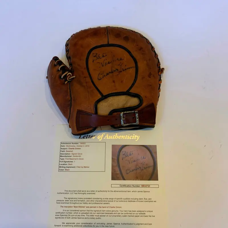 Charlie Grimm Signed 1930's Goldsmith First Baseman's Glove Mitt JSA COA Cubs