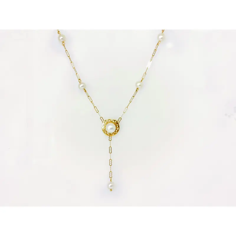 14K PEARL ROUND (6) TIN CUP STYLE ESTATE NECKLACE 3.2 GRAMS