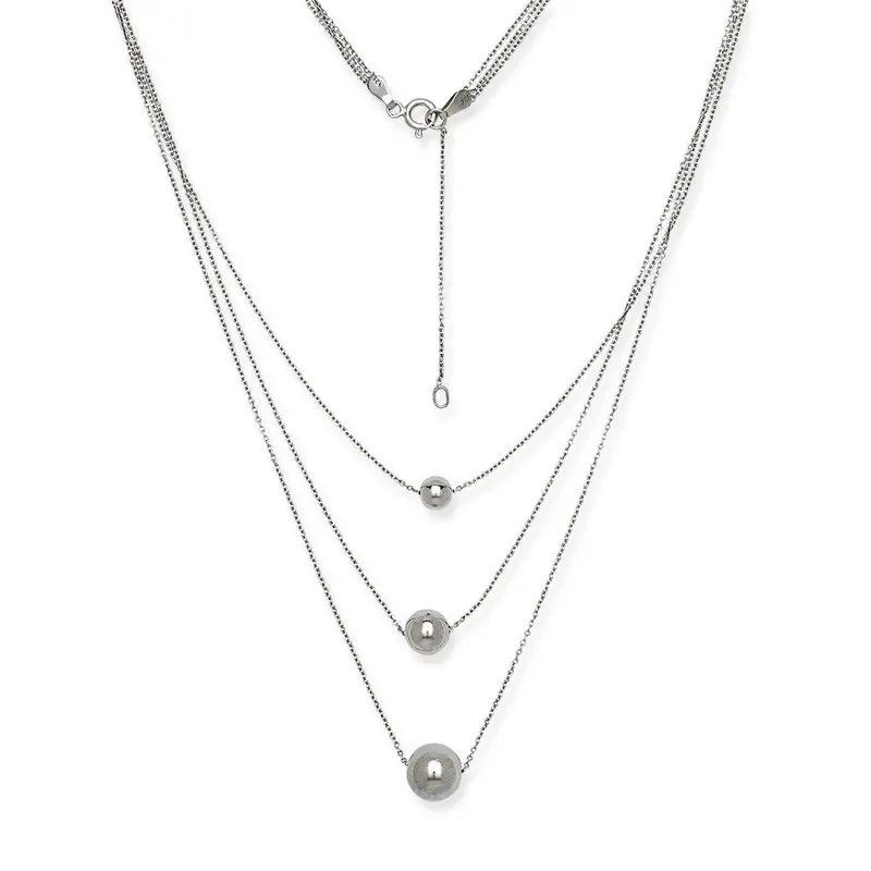Sterling Silver Triple Strand Graduating Bead Necklace