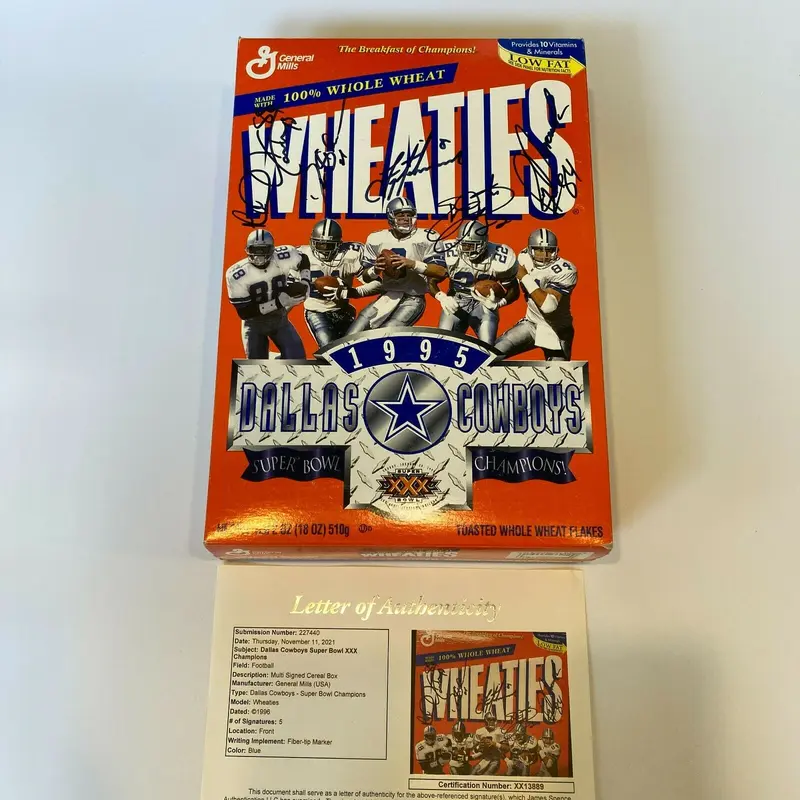 1995 Dallas Cowboys Super Bowl XXX Champs Team Signed Wheaties Box JSA COA
