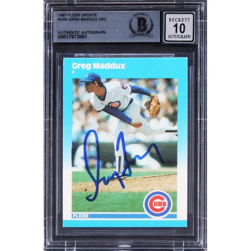 Cubs Greg Maddux Signed 1987 Fleer Update #U68 Rookie Card Auto 10! BAS Slabbed